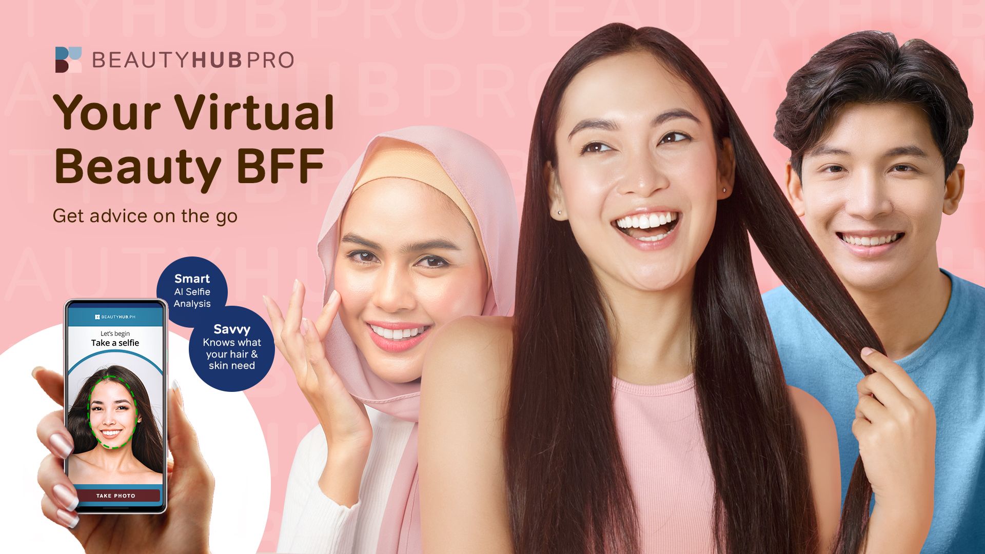 An ad for BeautyHub PRO featuring two women and one man smiling at the camera. Text reads ‘Your virtual beauty BFF’