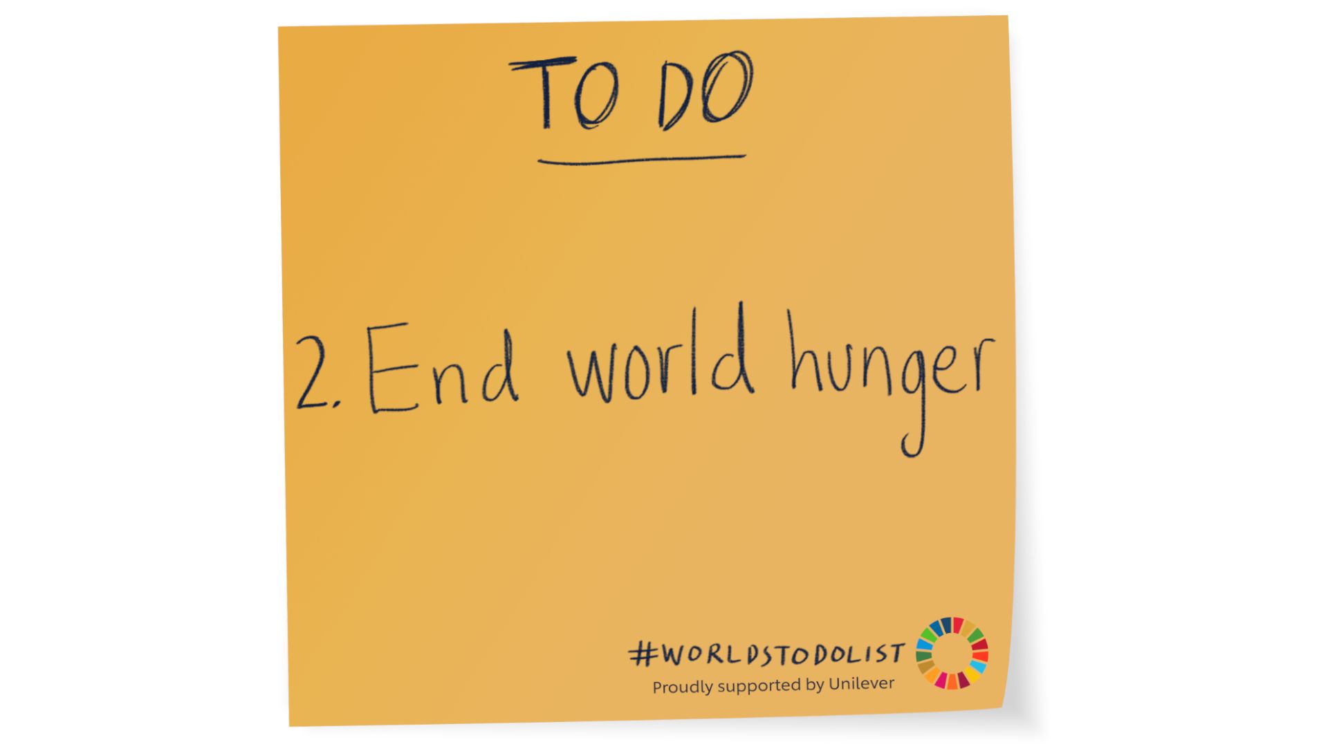 Orange sticky note with End world hunger written on it