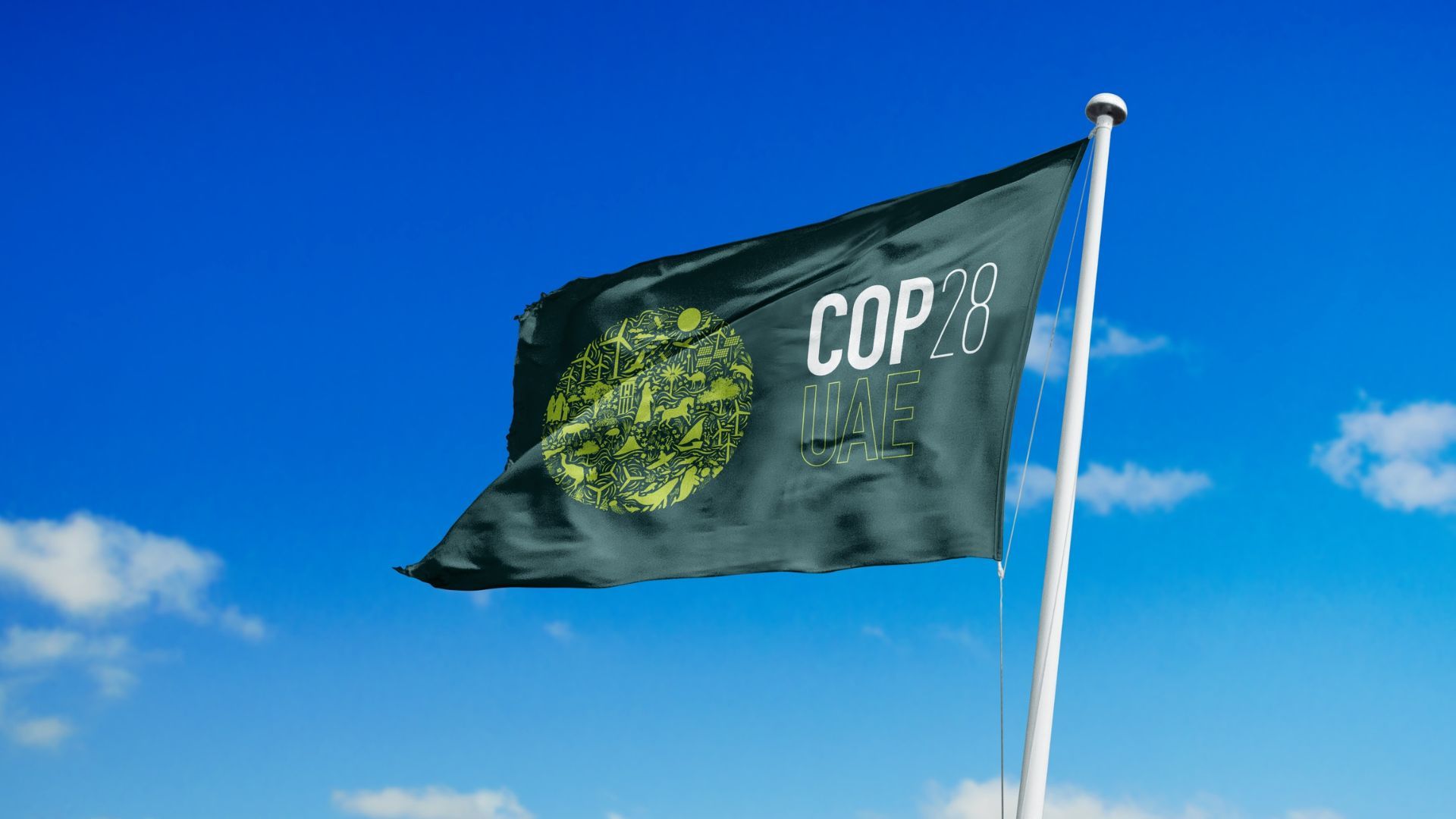 A green flag bearing the logo for COP 28 flutters in a clear blue sky.