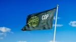 A green flag bearing the logo for COP 28 flutters in a clear blue sky.