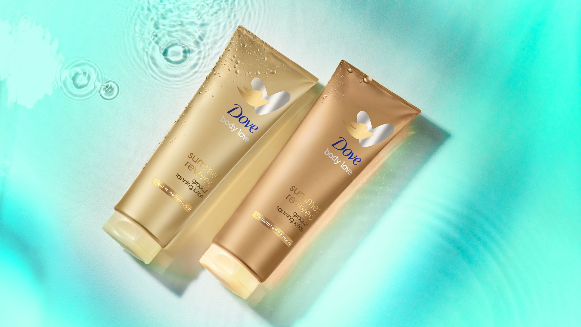 Dove Summer Revived lotion from Dove’s gradual tan range to give skin a summer glow. Product with blue background.