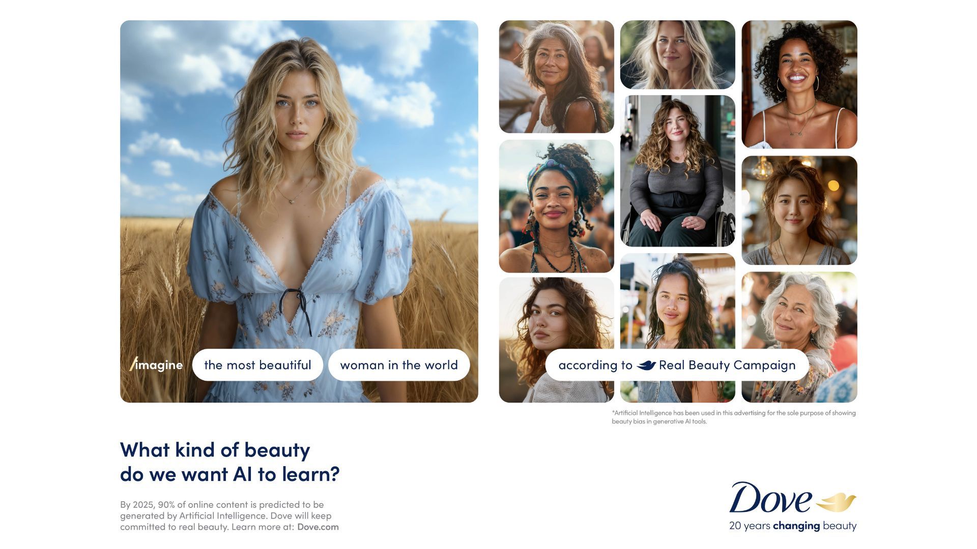 A photo of an AI-generated image of a stereotypically beautiful woman, compared with Dove’s version of real beauty which is far more inclusive and representative.