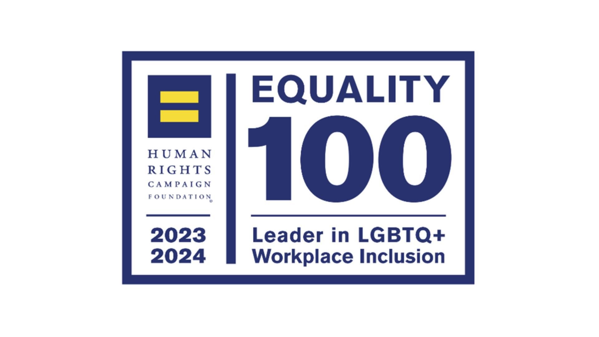 Blue and white logo that says “Human Rights Campaign Equality 100”