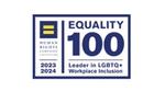 Blue and white logo that says “Human Rights Campaign Equality 100”