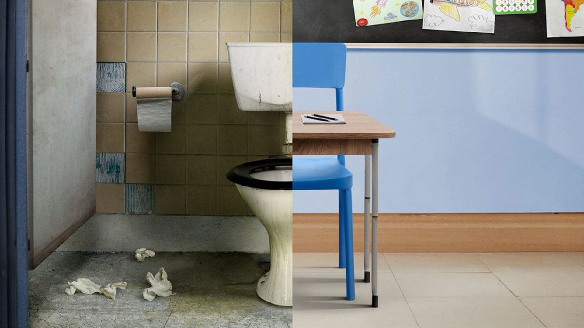 An image of a dirty toilet next to a student’s desk. Domestos is working to provide cleaner school toilets for all children.