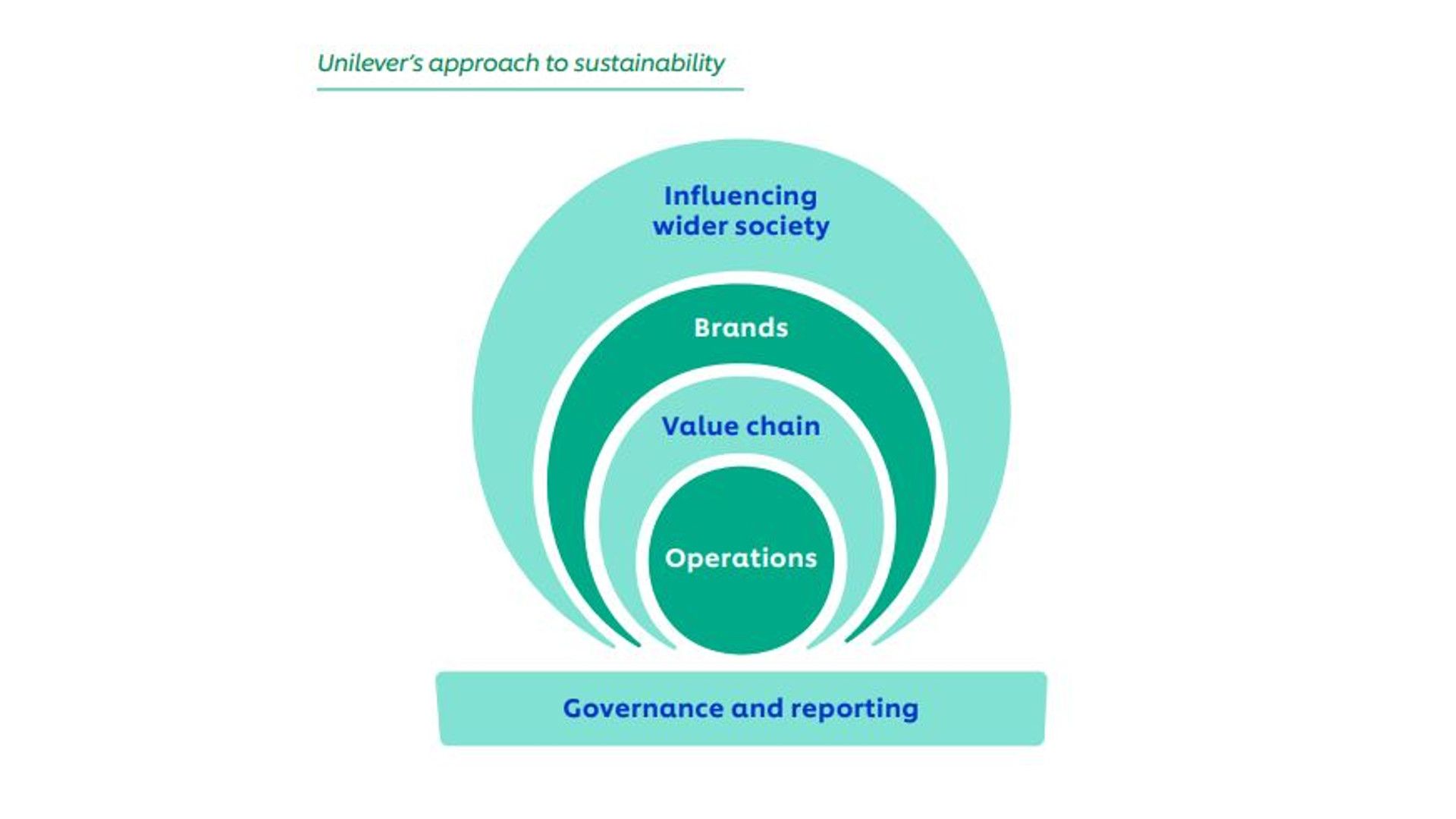 Diagram of ‘the onion model’ approach to sustainability. A set of concentric circles, each representing a layer of our business. 