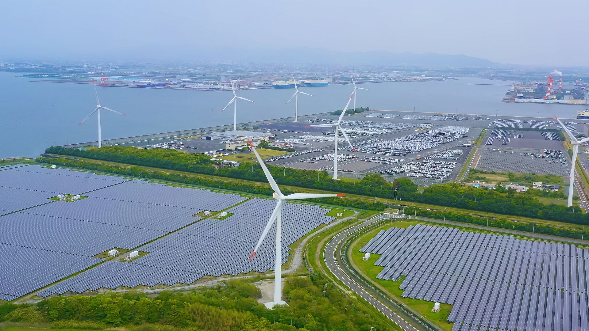 Solar panel farm and wind turbines next to water.]