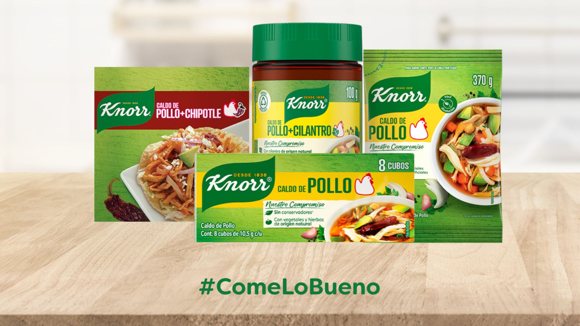 A line of bouillon sachets and jars of bouillon made for the Mexican market