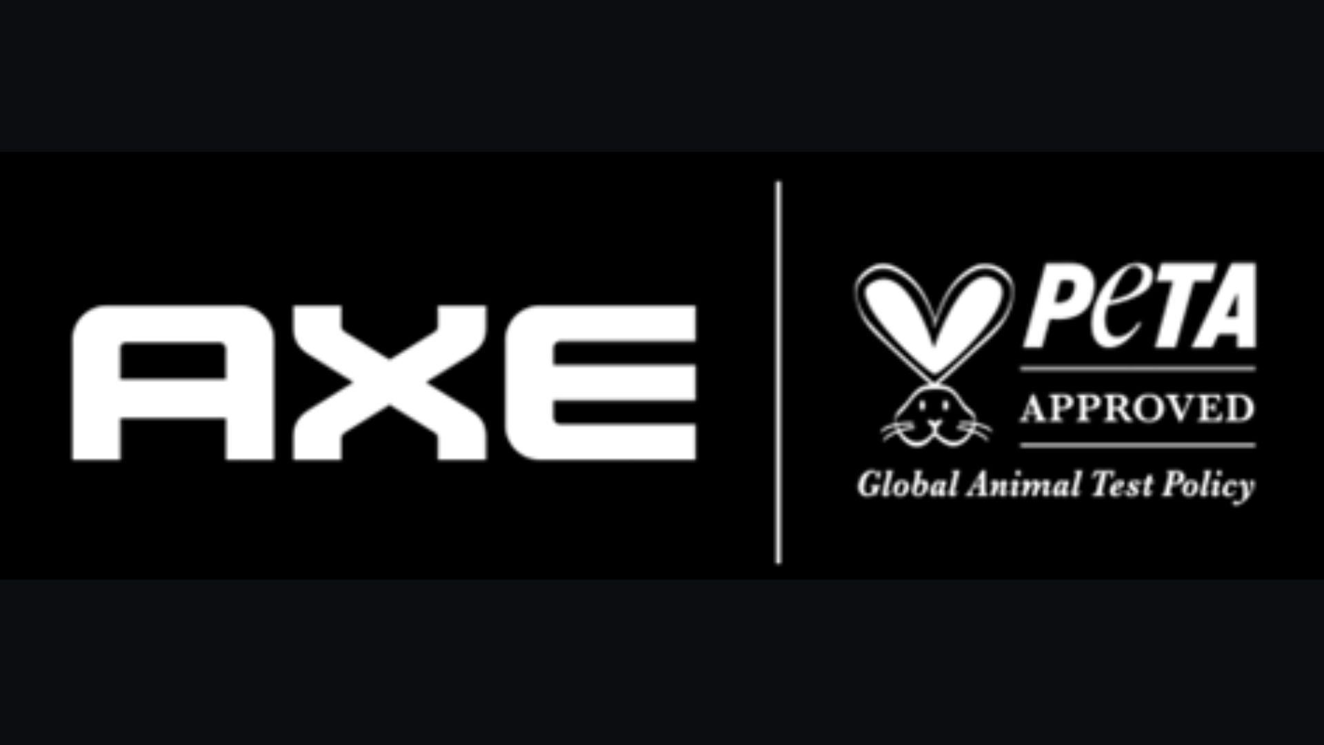 A black rectangle with white text and logos for Axe and PETA, People for the Ethical Treatment of Animals