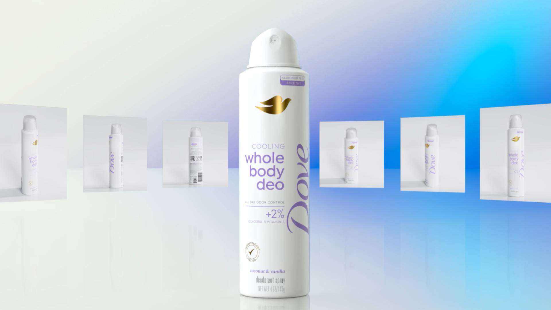 Image of Dove Whole Body Deo flanked by six digital images
