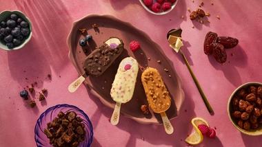 Magnum’s new mood-inspired ice cream flavours - Chill, Euphoria and Wonder - unwrapped on a serving dish and ready to eat.