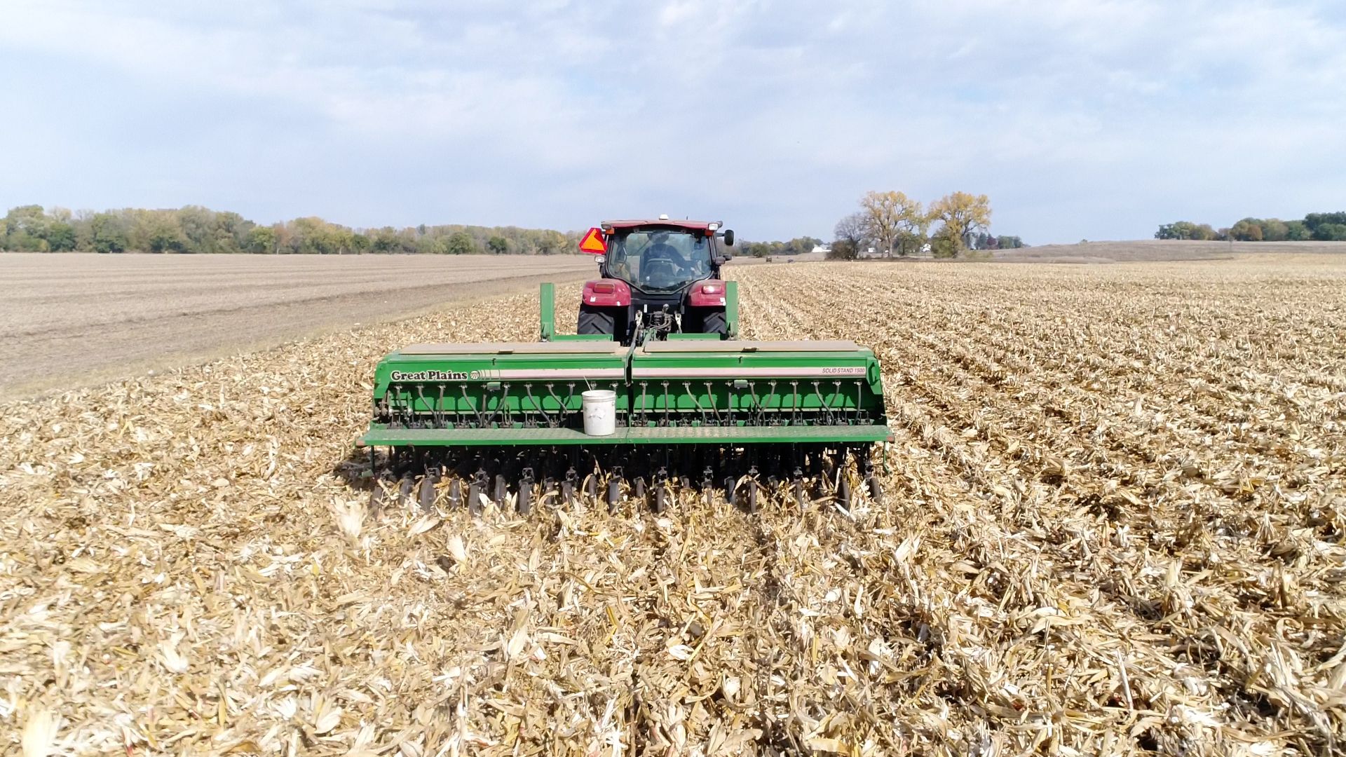 Red and green tractor driving through in a field of corn