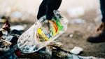 Gloved hand picking up discarded Sunlight plastic bottle from the ground for it to be collected and recycled.